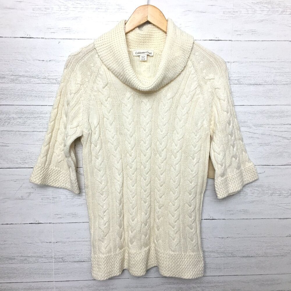NEW Coldwater Creek Women's Cream Cowl Neck Cable Knit Sweater 3/4 Sleeves S